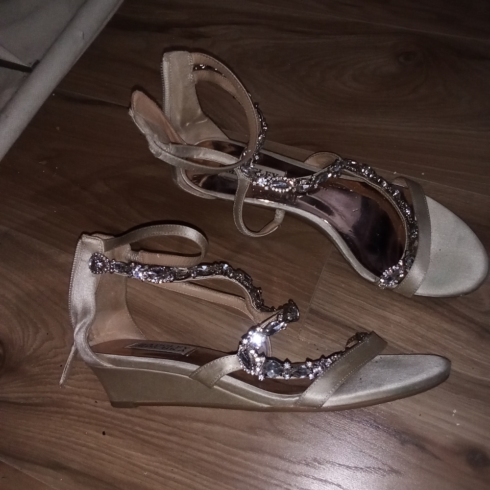 Badgley Mischka Gold Wedge Sandals with Rhinestones
